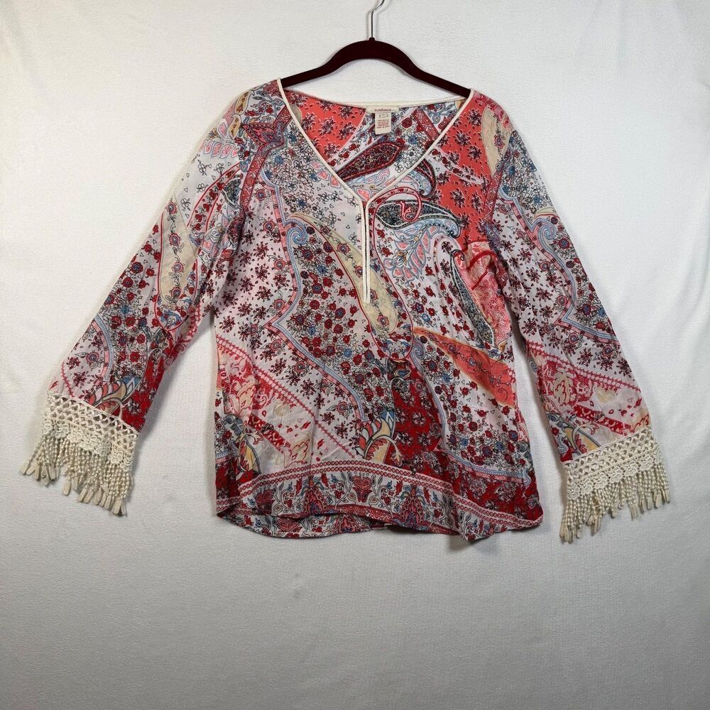 Sundance Boho Floral Blouse Small V Neck Crochet Fringe Sleeve Rayon Top
